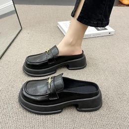 Slippers Women Platform Heels Mules Shoes Spring Metal Button Black Lolita JK Student College Sweet Medium Heel Single