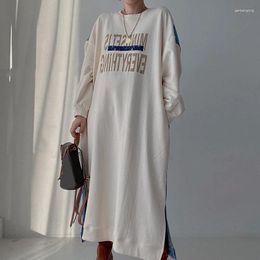 Casual Dresses Korean Fashion Denim Patchwork Long Dress Women O-neck Fall Spring Letters Printed Vestidos Hoodies Oversized LL005