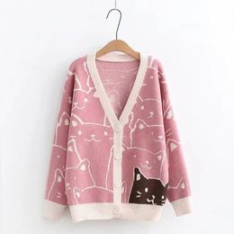 Harajuku Kawaii Cartoon V Neck Cardigan Women Y2k Cat Vintage Knitted Sweater Female Retro Fashion Long Sleeve Knitwear Coat 240311