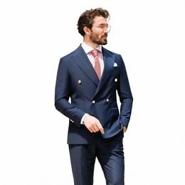 men's Suit Navy Blue Gentlemen Outfits Double Breasted Peak Lapel Chic Male Clothign 2 Piece Jacket Pants Slim Fit Casual Blazer x47n#