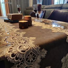 Gerring European Table Flag Waterproof And Oil Proof Wash Free Luxury Lace Tablecloth TV Cabinet Dust Cover Brown Runner 240325
