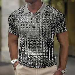 Fashion MenS Polo Shirts 3d Simulation Metal Plaid Printed MenS Clothing Summer Casual Short Sleeved Street Designer Tops Tees 240318