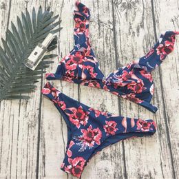 Women's Swimwear Fashion Floral Print Beach Bikini Ruffled Top Swimsuit Women 2024 Bathing Suit Swimming Boho Bikinis Summer Set Biquini