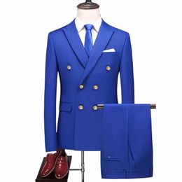 2023 Fi New Men's Busin Double Breasted Solid Colour Suit Coat / Male Slim Wedding 2 Pieces Blazers Jacket Pants Trousers t79w#