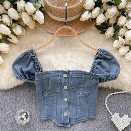 Women's Blouses Sexy Slash Neck Short Sleeve Slim Denim Blouse Elegant French Fashion Off Crop Top Shirt Summer Women Clothing