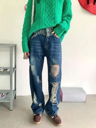 Women's Jeans Slergiri Women Loose Distressed Ripped Streetwear Casual Boyfriend High-waisted Vintage Blue Straight Leg Trousers