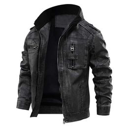 Men's Leather Faux Leather Autumn Winter Brand Leather Jacket Men Vintage Biker PU Coat Causal Motorcycle Jackets Plus Size 8XL 3D Stand Collar Thick Tops 240330