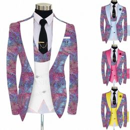 2021 Fi Pink Floral Printed Men Suit 3Pcs Tailored Groom Wedding Tuxedo Slim Fit Prom Blazer Suit Jacket White Vest Pants V06g#