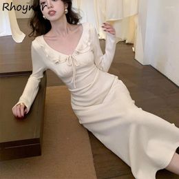 Casual Dresses V-neck Knitted Long Sleeve Women Slim Gentle Elegant A-line Sexy Ankle-length Defined Waist Autumn Winter Vestidos Mujer