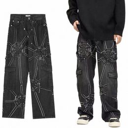 Harajuku utensili functi nero jeans larghi uomo 2K abbigliamento da strada goth punk pantaloni dritti oversize gambe larghe da donna l0om #