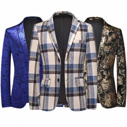 2023 New Men Suit Jacket Gold Blue Casual Plaid Blazers Jackets Men's Fi Slim Coat Big Size M-5XL 6XL P3h7#