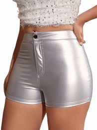 women Fi Metallic Sier High Waist PU Leather Skinny Mini Shorts Female Streetwear Spring Daily Casual Short V50z#