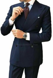 2024 New Custom Double Breasted Dark Blue Men Suits Casual Male Blazers Slim Fit Groomsmen 2 Pieces Costume Men Clothing N0hy#