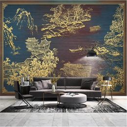 Wallpapers Milofi Chinese Style Golden Embossed Line Carving Ancient Building Background Wall Paper Mural