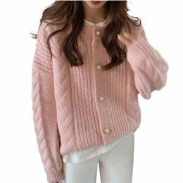 pearl Butt Crewneck Cardigan Pink Soft Warm Knitwear Lg Sleeve Cable Knit Sweater Women Korean Fi Autumn Winter Y3tm#