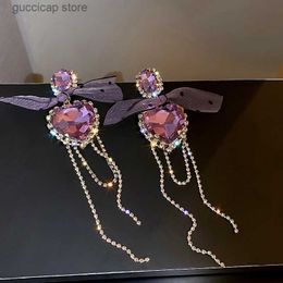 Charm Crystal Heart Earrings for Women Purple Bow Pendant Drop Earring Temperament Rhinestone Tassel Jewelry Female Wedding Gift Y240328