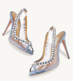 Summer Aquazzura Temptation Sandals Shoes Women Stiletto Heels Crystals Embellishment PVC Leather Lady Gladiator Sandalias Elegant Walking