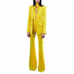 fi Women Suits Slim Fit 2 Piece Yellow Peak Lapel One Butt Blazer Prom Party Office Lady Outfits Jacket Flare Pants Set S3Sz#