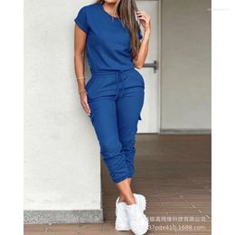 Women's Two Piece Pants Sets O-neck Top Y2K Autumn Tshirt Tops Women Leisure Solid Colour Cargo Suits Multi-Pocket Workwear