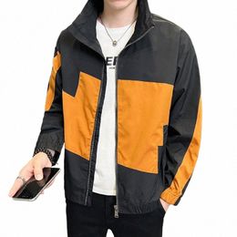 men New Casual Jackets European and American Trends Color Blocking Collar Zipper Fi Slim Street Daily All-match Jacket d1Wc#