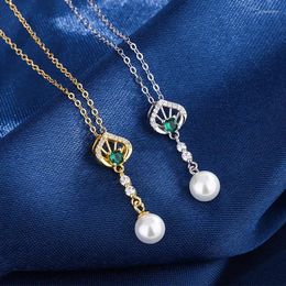 Necklace Earrings Set Cute S925 Sterling Silver Chain Green Zircon Stone Pearl Pendant Luxury Clavicle Choker Neck Jewellery