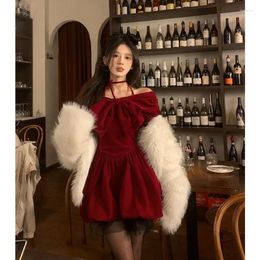 Casual Dresses Korean Fashion Hanging Neck Long Sleeved Velvet Dress For Women's Autumn/Winter Slim Fit And Slimming Bottom