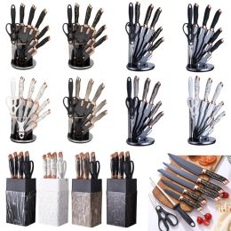 Marble Handle 7, 8, 9 Piece Set Western Style Non Stick Chef Cooking Knife Rose Gold Rotary Seat Kitchen Knife Set