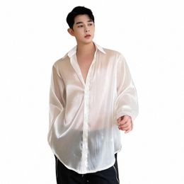 2022 Summer Ultrathin Breatable Silky Sexy Lg Sleeve Shirt Mens Harajuku Casual See-through Shirts Sun-protective Clothing v69w#