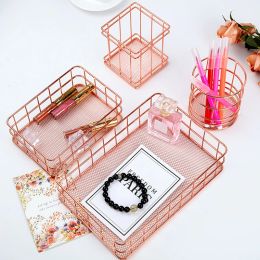 Baskets 1pcs Rose Gold Iron Home Storage Basket Pen Holder Office Decor Stationery Organise Metal Organise Baskets