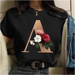 Womens T-shirt Womens Fashion Flower Letter Print Black Female Loose Short Sleeve Top Harajuku Street Women White Clothes 4212womens Dhxty