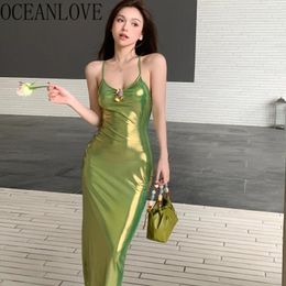 Casual Dresses OCEANLOVE Spring Summer For Women Solid Backless Sexy Bodycon Vestidos Para Mujer Korean Fashion V Neck Long Dress