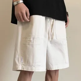 Men's Shorts Summer Solid Color High Street Elastic Waist Knee Length Pants Man Loose Pockets Patchwork Cotton Drawstring
