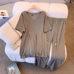 summer Womens Suit Fashion Casual Short-Sleeved slit T-shirt Sports Suit Straight Pants Temperament Elegant Two-Piece 240320
