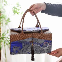 Storage Bags Retro Cloth Bag Rattan Weaving Handbag Cups Sealed Tea Can Gift Box Internally Separated Outdoor Travel Organiser