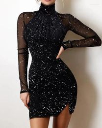 Party Dresses Women's Dress Sparkling Mesh Patchwork Long Sleeved Gown Sexy Black Bodycon Stamping Mini Srawstring Evening Robes