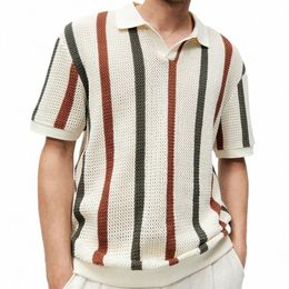 leisure Breathable Knitting Pullovers Men New Casual Lapel Short-sleeved Knit Polo Shirt Mens Summer Beach Striped Knitted Tops W411#