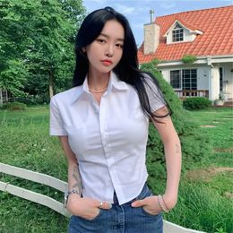 Deeptown Women White Blouse Basic Short Sleeve Crop Shirts Korean Fashion Preppy Style Work Wear Sexy Office Look Summer Tops 240328