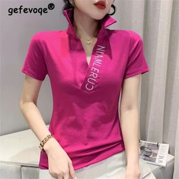 Summer Women Korean Fashion Elegant Letter Embroidery Polo Collar Tshirt Office Lady Casual Short Sleeve Slim Pullover Tops 240328