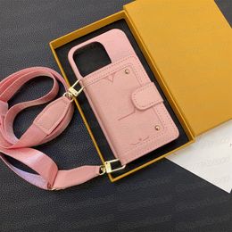 Caseboss Fashion Designer Phone Case for iPhone 15 14 13 12 Pro Max 11 X Xs Xr 8 7 Plus Vogue Card Pocket Embossed Letter Flower Cover with Shoulder Strap