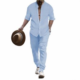 spring and fall explosive men's stand-up collar striped butt-down shirt and pants trend Hawaiian sportswear street suit l9Gq#