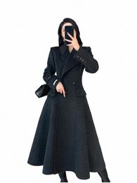 2024 Double-sided Wool Coat Women Autumn-Winter New Solid Colour Lapel Lace-up Pockets Mid-length Jacket Slim Outerwear O7VH#