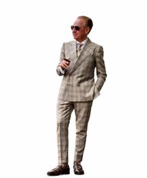 wedding Men'S Suits Slim Fit 2 Piece Grey Cheque Double-Breast Custom Large Size Elegant Dr Male Gentleman Costume Blazer Sets 04E8#