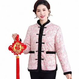 winter Mother's Floral Cott Jacket Plush Thick Women's Chinese Style Fiable Stand Collar Retro Lg Sleeve Coat Tops Z472 l4ba#