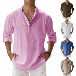 2023 New Men's Linen Lg Sleeve Breathable Shirt Solid Color Casual Basic Cott Linen Shirt Tops S-5XL q1Om#