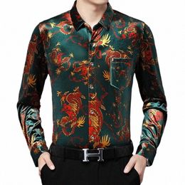 men's China Drag Pattern Velour Shirts Autumn Lg Sleeve Gold Veet Clothing Male Fi Printing Silk Veet Dr Shirts Z8Mg#