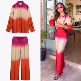 Womens Pyjamas Set Luxury Style Tie Dyeing Splicing Sleepwear Silk Like Casual Homewear V Neck Nightwear for Female 2 Pieces 240322