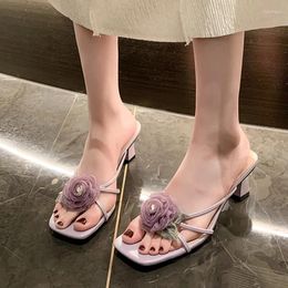 Slippers Flower Dress Women Mid Heels Shoes Summer Square Toe Slingback Sandals 2024 Open Flip Flops Pumps Beach Lady Sldies
