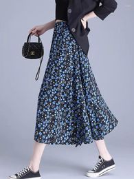 Skirts Vintage Black Flower Printing A-line Bohemian 2024 Spring Summer Women's Blue Elegant Elastic High Waist Midi Skirt