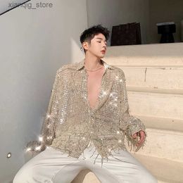 Men's T-Shirts Summer shiny sequined shirts mens fashion bling tassel long sleeve shirt nightclub DJ singer stage come oversized blouse24328