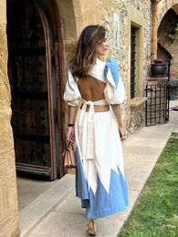 Casual Dresses Loose Puff V Neck Backless Printed Maxi Dress Woman Lace Up Lantern Sleeve Robe 2024 Ladies Chic High Street Vestidos